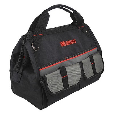 WESTWARD 32PJ37 Wide-Mouth Tool Bag, 600d Polyester, 21 Pockets, Black, 11-1/2"