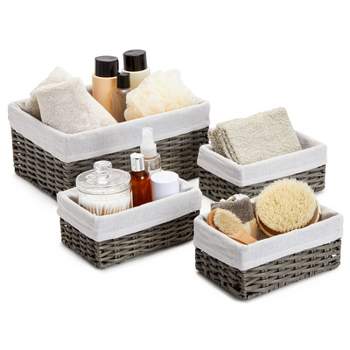5 Pack Wicker Nesting Baskets with Cloth Lining for Pantry Shelves,  Rectangular Storage Bins for Organizing Closet (Lavender, 3 Sizes) 