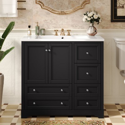 TIRAMISUBEST 36-inch Bathroom Vanity with Resin Sink, Freestanding Bathroom Cabinet with 4 Storage Drawers