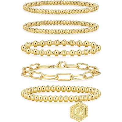 adoyi Gold Bracelets for Women Waterproof, 14K Gold Plated Beaded Strand Bead Ball Bracelets stack