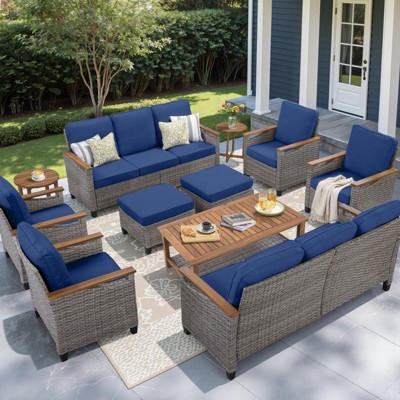 Buenhomino 11-Piece Outdoor Patio Set – 4 Single Chairs, 2 Sofas, 2 Side Tables, 2 Ottomans & Coffee Table, Wicker with Cushions, Beige