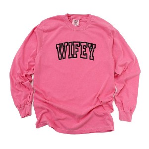 Simply Sage Market Women's Embroidered Wifey Arched Varsity Long Sleeve Garment Dyed Tee - 1 of 3