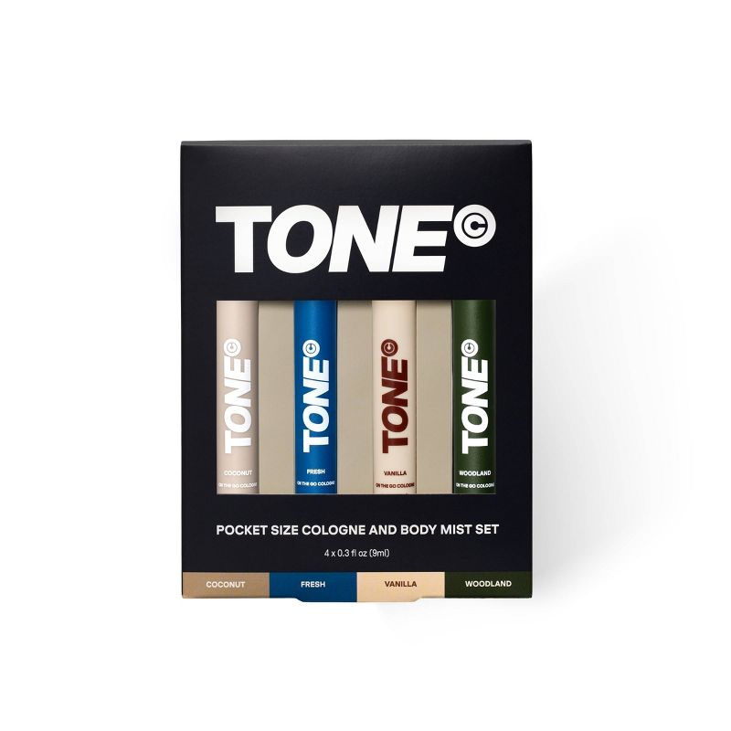 TONE Pocket Size Cologne & Body Mist - Discovery Set - 0.3 fl oz/4ct: Sulfate-Free, Vanilla, Earthy, Spray