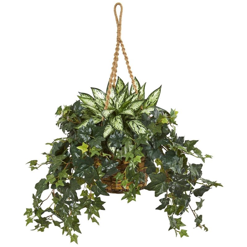 Nearly Natural 30-in Silver Queen and Ivy Artificial Plant in Hanging Basket, 1 of 2