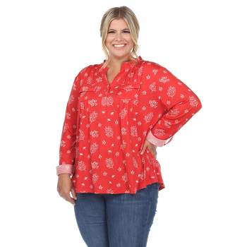Plus Size Pleated Long Sleeve Leaf Print Blouse Red 1x - White