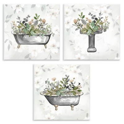 Stupell Industries Grey Bathroom Florals 3pc Wall Plaque Art Set
