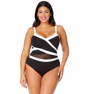 Women's Plus Mesh Around Mesh Insert One Piece Swimsuit - 1 of 4