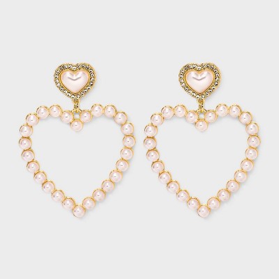 Valentine's Day Faux Pearl Heart Drop Earrings - Wild Fable™ Gold/White: Nickel-Free Metal, Post Closure, 1.75" Length
