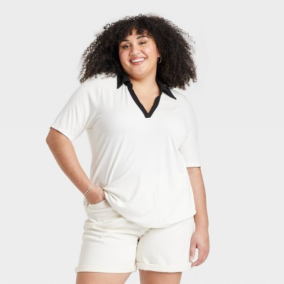 Women's Short Sleeve Ribbed Polo Shirt - Ava & Viv™ Cream 4X