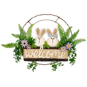 Northlight Easter Rabbit Couple Floral "Welcome" Sign - 16-Inch - 1 of 4