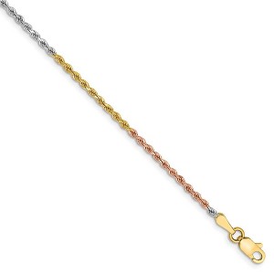 Black Bow Jewelry 1.8mm 14k Tri-Color Gold D/C Solid Rope Chain Anklet or Bracelet - 1 of 4