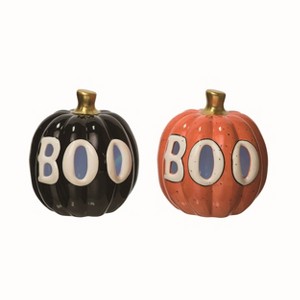 Transpac Dolomite Light Up BOO Pumpkin Set of 2 Ceramic Figurines Multicolored Halloween Tabletop Indoor Decoration - 1 of 1