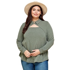 Slickblue Women's Plus Size Long Sleeve Top, Cut-Out Collar and Button Neck, Versatile Fit, Brown/Olive, 1XL-3XL - 1 of 4