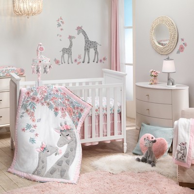 Lambs & Ivy Giraffe and a Half Pink/Gray 4-Piece Nursery Baby Crib Bedding Set