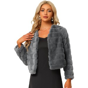 Allegra K Women's Winter Warm Cropped Collarless Faux Fur Fluffy Jacket - 1 of 4