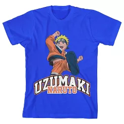 Naruto Classic Uzumaki Naruto in Jump Pose with Collegiate Text on Royal Boys Tee-Medium