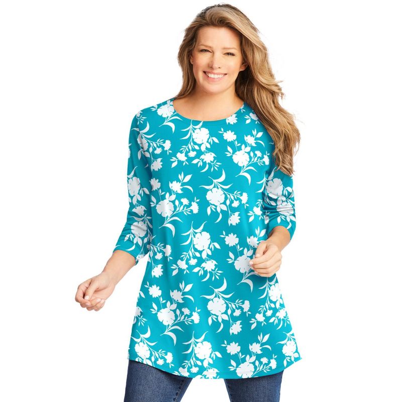 Woman Within Women's Plus Size Perfect Printed Long-Sleeve Crewneck Tunic, 1 of 2