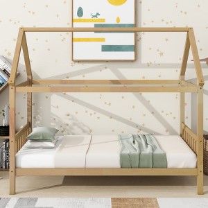 CAVINAS Twin Size House Shaped Bed Modern Wooden Bed Frame with Headboard and Footboard for Bedroom - 1 of 4