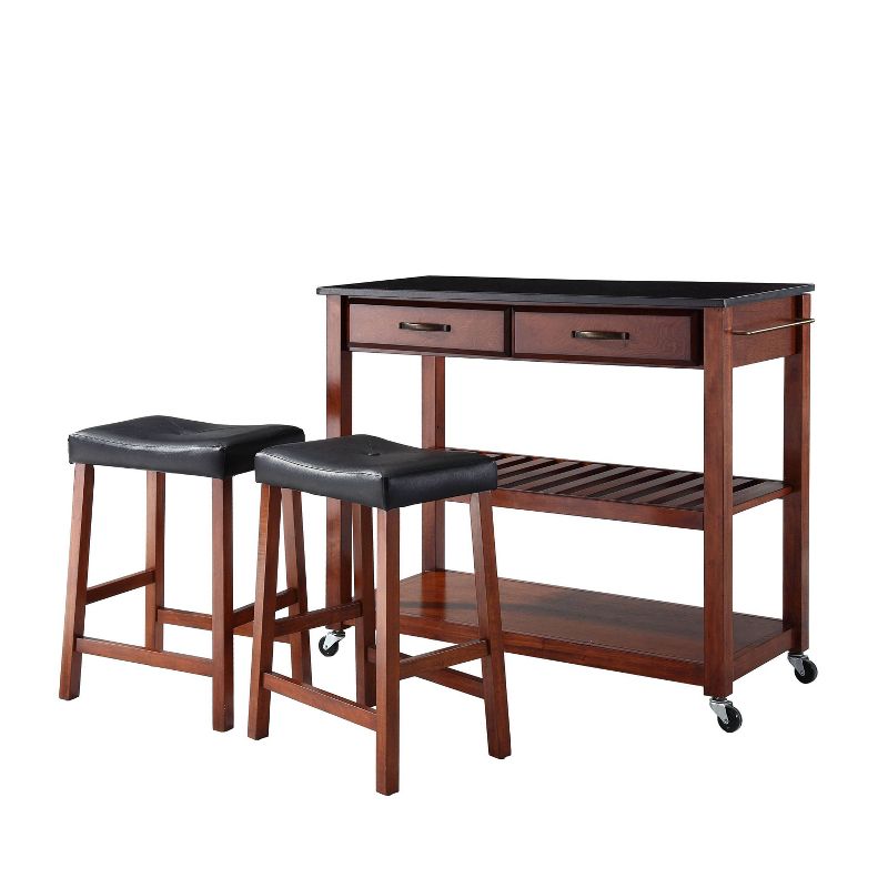 Granite Top Kitchen Prep Cart with 2 Upholstered Saddle Stools - Crosley, 6 of 10