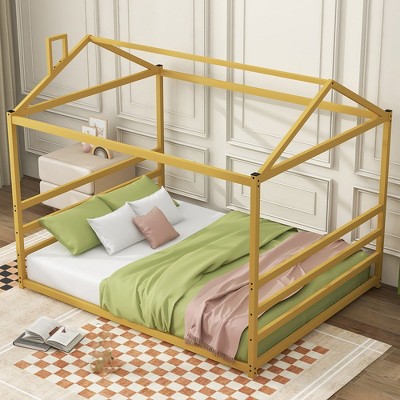 Queen Size Metal House Platform Bed Frame Sturdy House Platform Bed Easy to Assemble Floor Bed Frames Modern Style Bed for Guest Room Boys Girls