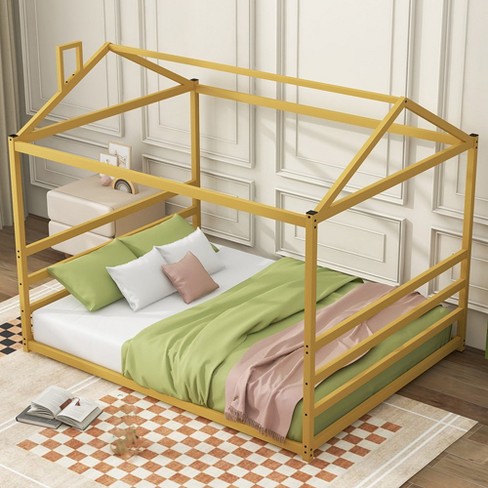 Queen Size Metal House Platform Bed Frame Sturdy House Platform Bed Easy To Assemble Floor Bed Frames Modern Style Bed For Guest Room Boys Girls Gold Target