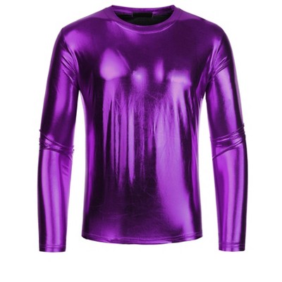 INSPIRE CHIC Men's Round Neck Long Sleeves Shining Disco Metallic T-Shirt