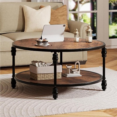 Rustic Round Coffee Table with Storage Shelf & Sturdy Metal Legs, 2-Tier Modern Wood Circle Center Table for Living Room, Easy Assembly
