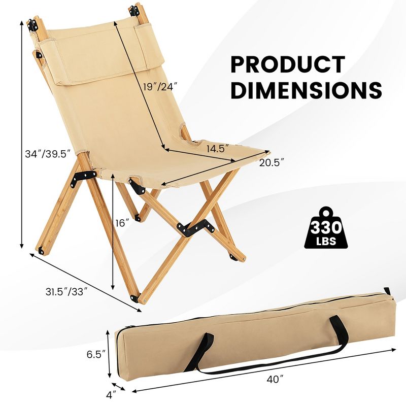 Costway 2 PCS Patio Folding Camping Chair Portable Fishing Bamboo Adjust Backrest W/ Bag, 4 of 11
