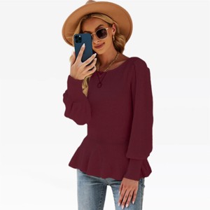 Peplum Waist Pullover Sweaters for Women Fall Sweater Fashion Tops Rib Texture Soft Knitwear Lanter Sleeve Round Neck Sweaters - 1 of 3