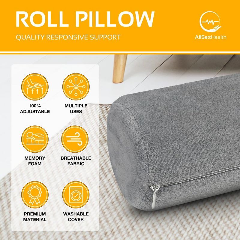 Allsett Health Cervical Neck Roll Memory Foam Pillow, Bolster Pillow, Neck Pillows Support for Sleeping | Bolster Pillow for Legs, Back and Yoga, 2 of 7