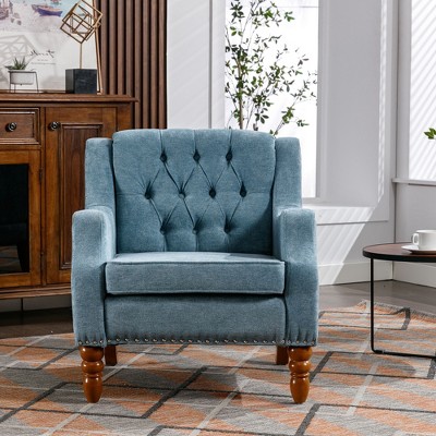 Airsurfer Accent Chair Footrest Chair Set with Vintage Brass Studs Button Tufted Upholstered Armchair Reading Chair for Bedroom, Reception Room