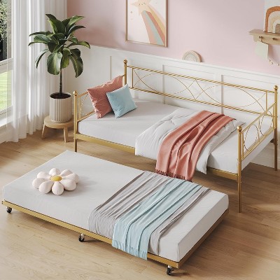 Twin Size Daybed with Trundle - Metal Daybed Frame with Steel Slats, Headboard & Roll-Out Bed, Space-Saving Sleeper Sofa