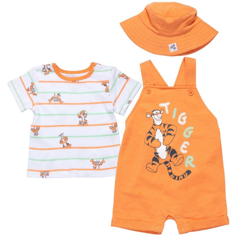 Disney Tigger Winnie the Pooh Baby French Terry Short Overalls T-Shirt and Hat 3 Piece Outfit Set Newborn to Infant, 1 of 9