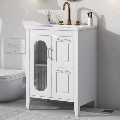 Image of 24" Bathroom Vanity with Sink, Bathroom Vanity Cabinet with Two Drawers and Door, Adjustable Shelf, Solid Wood and MDF, White