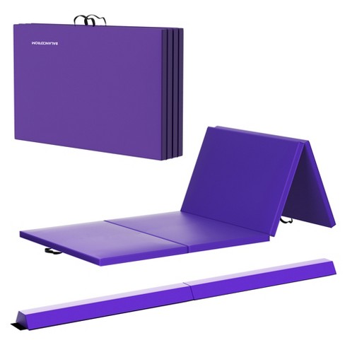 BalanceFrom Fitness All-Purpose Folding Anti Tear 4 Panel Fitness Mat w/  Sectional Floor Balance Beam for Aerobics & Gymnastics, Purple
