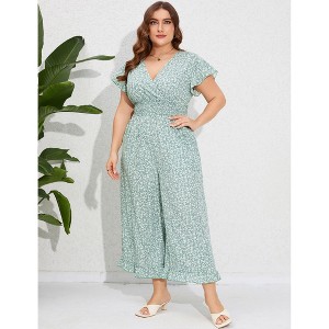 Coolmee Womens Plus Size Jumpsuits Vintage Short Flutter Sleeve Ruffled Hem Floral Printed Wide Leg V Neck Romper Long Jumpsuit XL Green - 1 of 4