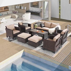 Sonkuki 8-Piece Patio Conversation Set with Ottoman and Side Table, Navy Blue Cushion - 1 of 4