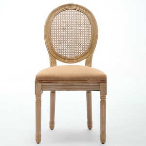 Gulches Set of 2 Brown Dining Chairs, Linen Upholstered French Style with Rattan Back & Solid Wood Frame - 1 of 4