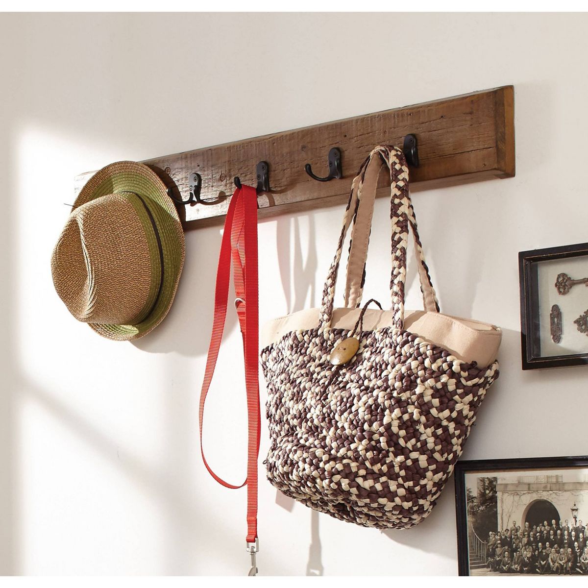 Alaterre Furniture Revive Wall Coat Hook with Bench Set Brown: Hardwood Hall Tree, 5 Hooks, Stained Finish - thumbnail 3