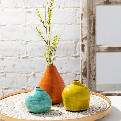 Set of 3 Multicolored Ceramic Bud Vases in Orange, Yellow, and Teal