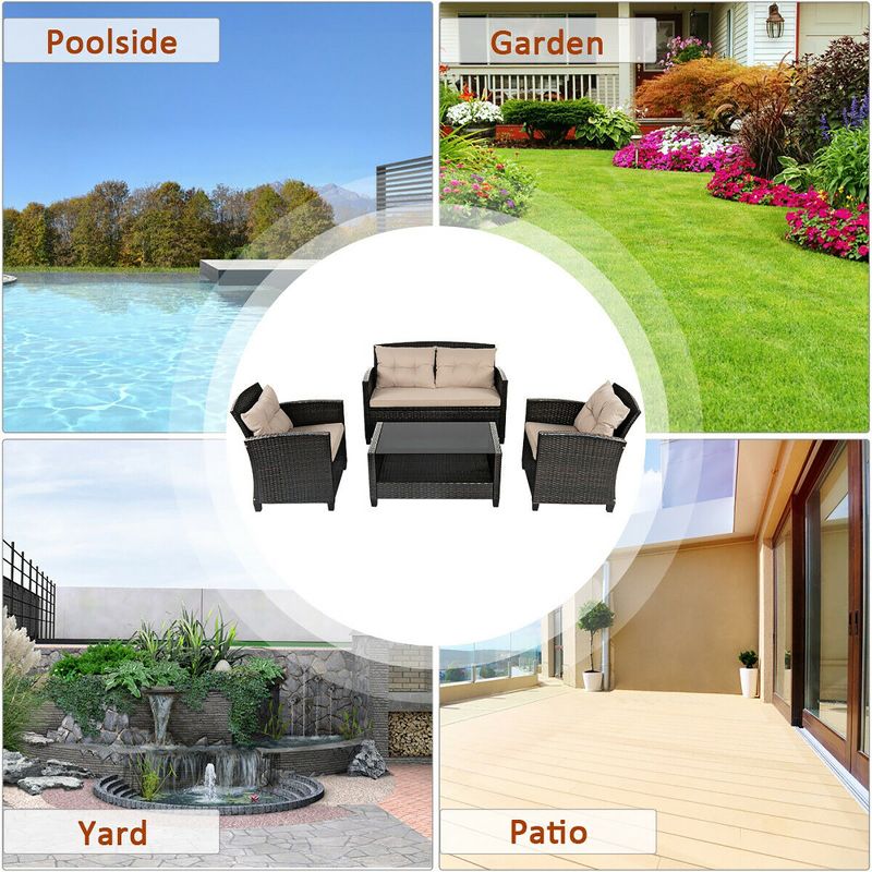 Costway 4PCS Outdoor Rattan Furniture Set Cushioned Sofa Armrest Chair Lower Shelf Brown, 4 of 10