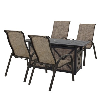 Courtyard Casual Santa Fe 5 pc Rectangle Fire Pit Set with Sling Chairs  Includes One Rectangle Fire Pit and Four Sling Chairs