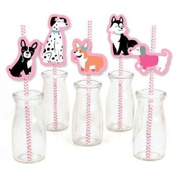 Big Dot of Happiness Pawty Like a Puppy Girl - Paper Straw Decor - Pink Dog Baby Shower or Birthday Party Striped Decorative Straws - Set of 24