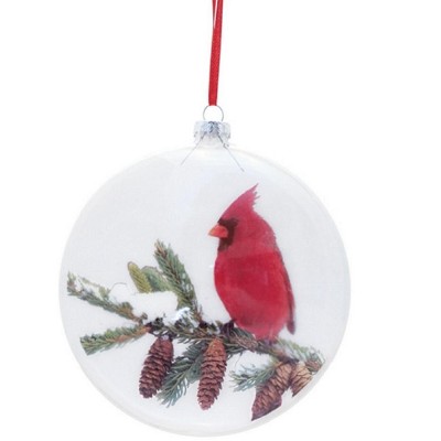 Melrose 6" Cardinal on Snowy Pine Branch Glass Disc Christmas Ornament - Red/Green