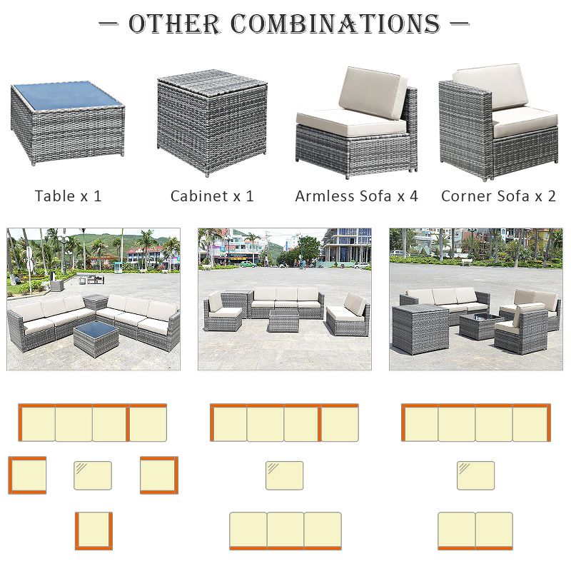Tangkula 8-Piece Outdoor Wicker Rattan Conversation Sofa Set w/ Storage Table White/Black/Turquoise, 5 of 7