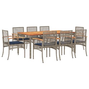 vidaXL 9 Piece Patio Dining Set with Cushions Gray Poly Rattan - 70.9" Table Length Chair 8 - 1 of 4
