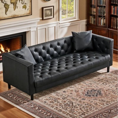 78" Faux Leather Button-Tufted 3 Seater Sofa Couch with 2 Pillows, Deep Seat Mid Century Modern Upholstered Couch, Brown