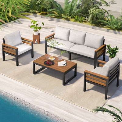 4 Piece Garden Furniture Sofa Sets,Armrest Sectional Sofa with Cushions and Coffee Table,Outdoor Patio Conversation Sets for Backyard-Coolbibila