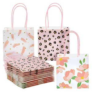 Sparkle and Bash 12 Pack Small Gift Bags with Handles for Candles, Mini Party Favors for Mothers Day, 3 Assorted Pink Designs (5x5x3 in) - 1 of 4