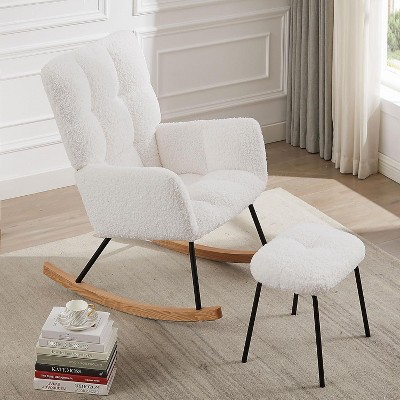 Acekool Ergonomic Rocking Chair for Nursery, High Back Support, Soft Upholstery, Sturdy Wood & Metal Frame, Easy Assembly, Beige, Model 2024， White
